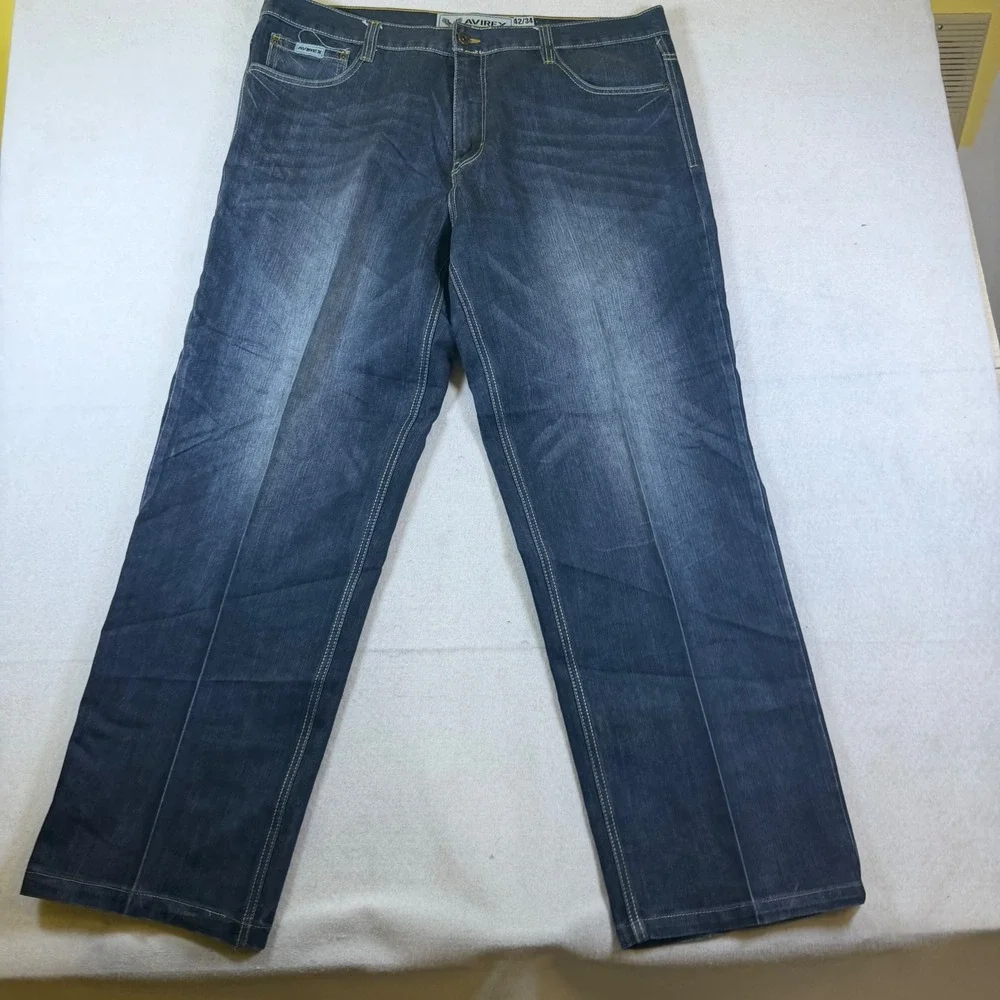 Avirex Mens Relaxed Straight Leg Dark Wash Denim Jeans 42x34 RN113427 Blue